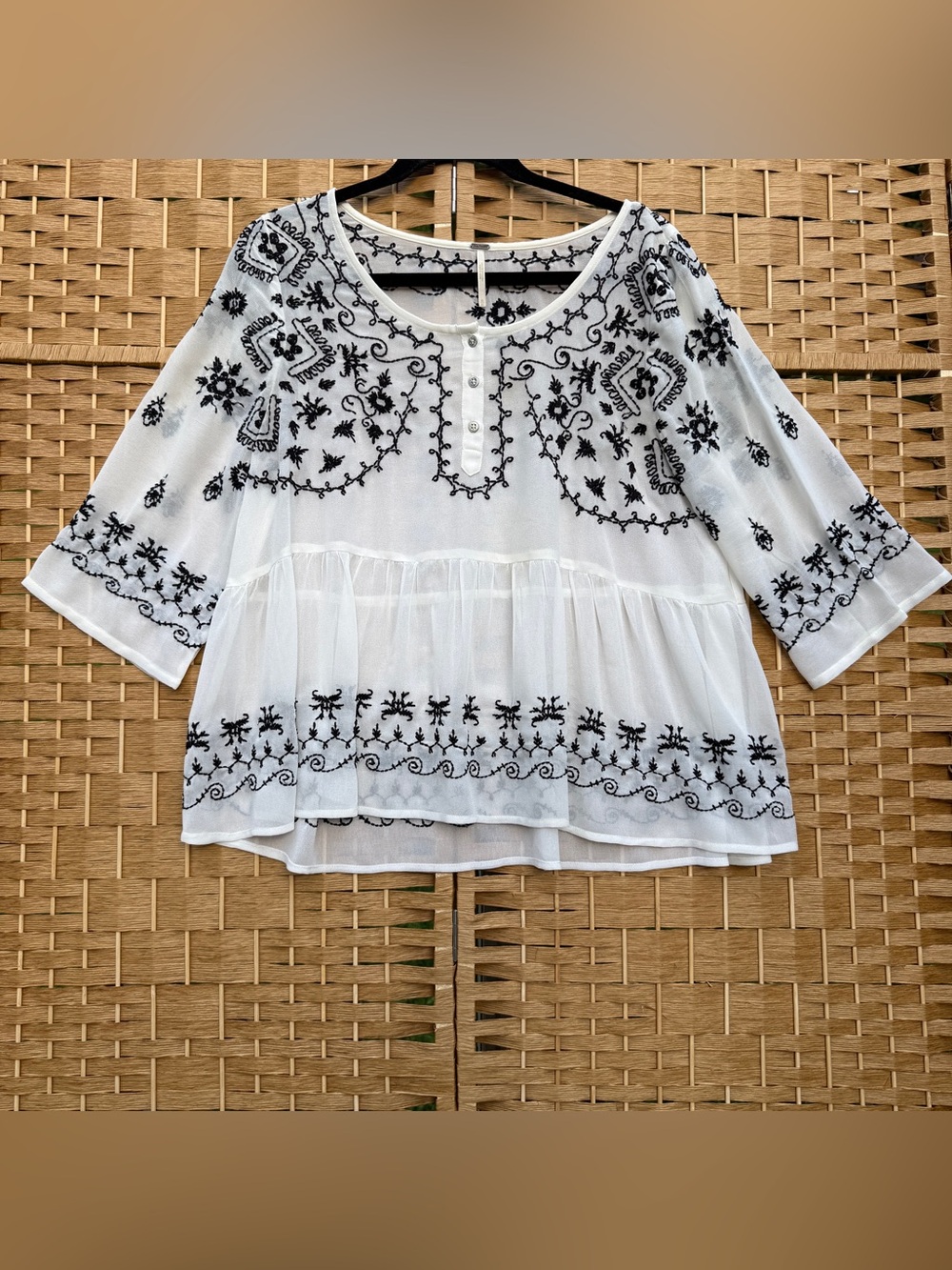 Free People Sheer Blouse - White with Black Stitching Women’s Medium